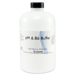 A white plastic bottle with a black cap labeled pH 6.86 Buffer from LaMotte, intended for chemical tests only. The label details this as part of LaMotte’s Standardized pH Buffer Solutions and provides product information and contact details.