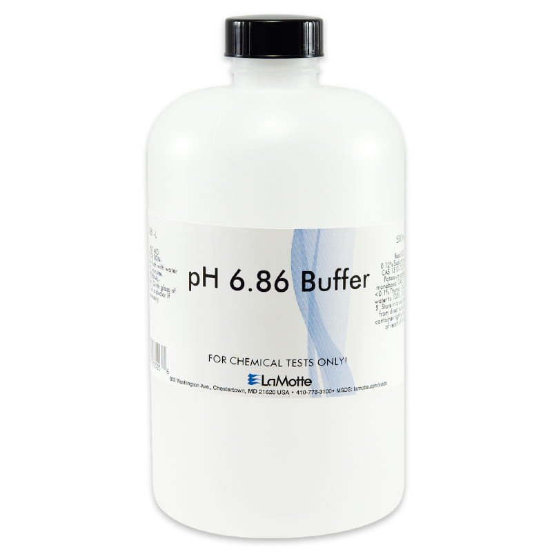 A white plastic bottle with a black cap labeled pH 6.86 Buffer from LaMotte, intended for chemical tests only. The label details this as part of LaMotte’s Standardized pH Buffer Solutions and provides product information and contact details.