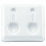 Plaque rectangulaire blanche Spot - Plastique avec un design à deux puits, avec des creux ronds et des lignes en relief pour tenir et séparer solidement les objets comme les cuillères. La surface lisse contraste avec le fond gris clair.