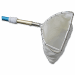 A close-up of a white pool D-net with Expandable Pole - 0168 features a long blue and silver handle, designed for collecting debris from swimming pools. The net is attached securely to a sturdy metal frame.