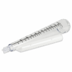 A clear, conical laboratory centrifuge tube with black measurement markings and a screw cap, resembling a tapered rain gauge, rests on a white angled tube rack.