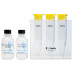 Two labeled reagent bottles and three clear, upright plastic test tubes with yellow caps are displayed. The tubes are held in a transparent stand labeled LaMotte Soil Texture Stand, part of the Soil Texture Test - 1067 kit.