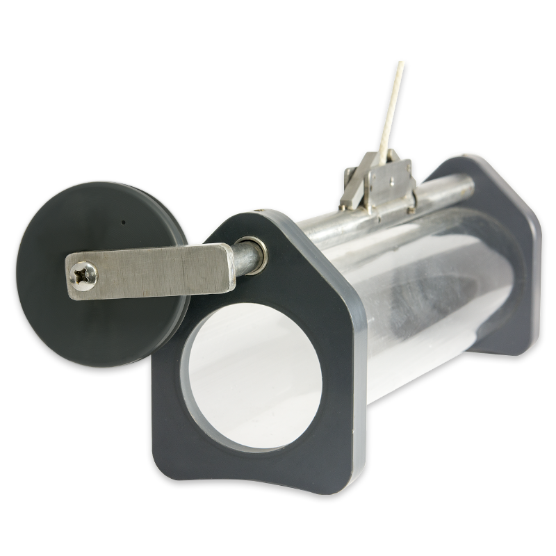 A transparent plastic tube with gray end caps, a circular metal handle on one end, and a metal lever mechanism on top, the Horizontal Water Sampler - 1087 is likely designed as a laboratory or engineering tool.