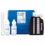 The Salt Water pH Test Kit - 2159-02 includes two indicator bottles, a test tube, a blue carrying case, and a black color chart displaying pink pH levels from 7.7 to 8.4.