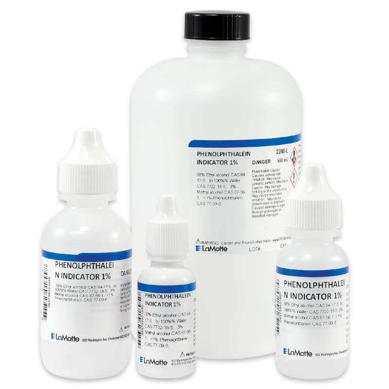 Four bottles of Phenolphthalein Indicator 1% solution from LaMotte, a titration reagent for alkalinity, in different sizes arranged on a white background. Each bottle features a white cap and blue-and-white label.