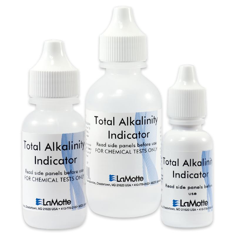 Three plastic dropper bottles labeled Total Alkalinity Indicator by LaMotte, used for chemical tests. The bottles are white with blue accents and varying in size, arranged side by side.