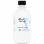 A clear plastic bottle labeled pH 4.01 Buffer by LaMotte, intended for chemical tests. The bottle contains standardized pH buffer solutions and features a black screw cap and a white label with blue accents and text.