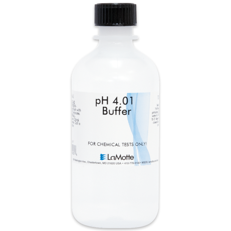 A clear plastic bottle labeled pH 4.01 Buffer by LaMotte, intended for chemical tests. The bottle contains standardized pH buffer solutions and features a black screw cap and a white label with blue accents and text.