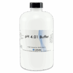 A white plastic bottle with a black cap labeled pH 4.01 Buffer from LaMotte, intended for chemical tests only. The label details this as part of LaMotte’s Standardized pH Buffer Solutions and provides product information and contact details.