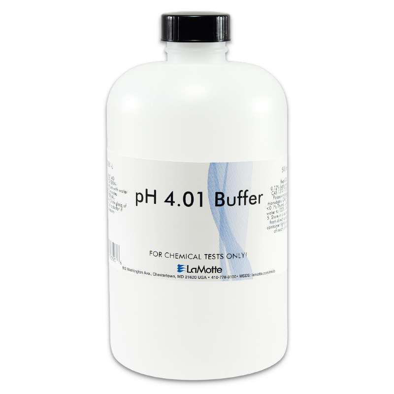 Una botella de plástico blanca etiquetada como pH 4.01 Buffer por LaMotte, con un tapón de rosca negro, contiene soluciones estandarizadas de pH buffer para pruebas químicas, con los detalles del producto claramente impresos en la etiqueta.