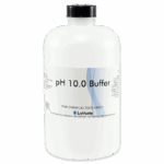A white plastic bottle labeled pH 10.0 Buffer by LaMotte, this standardized pH buffer solution is intended for chemical tests only and features a black screw cap with product details printed on the front label.