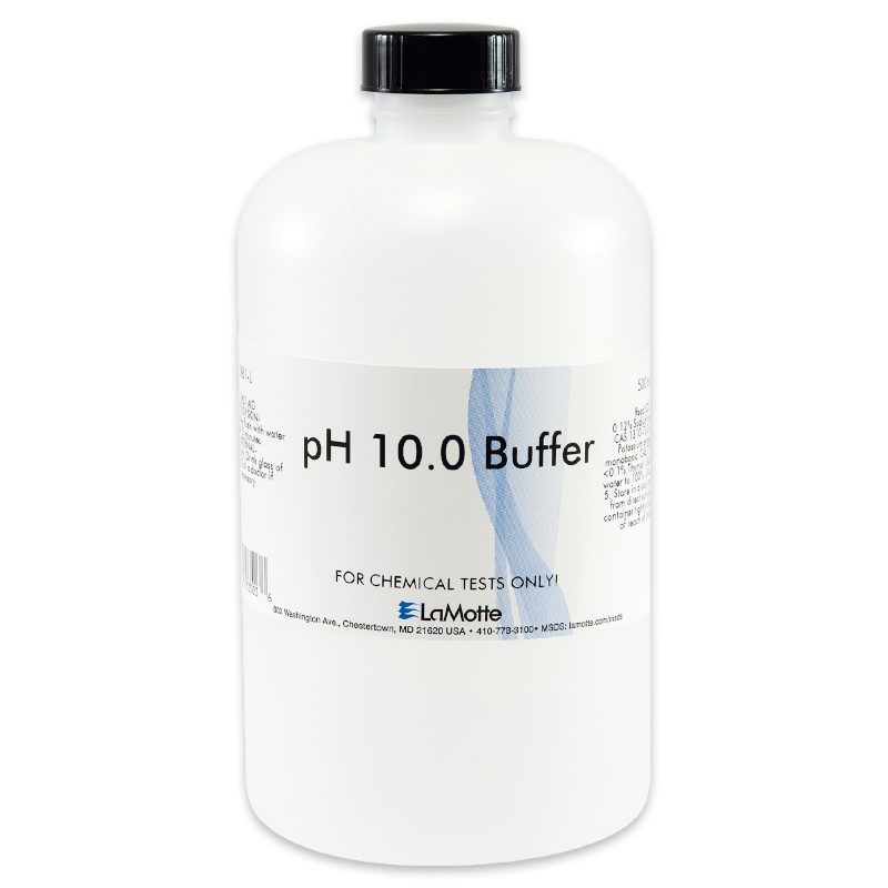 A white plastic bottle labeled pH 10.0 Buffer by LaMotte, this standardized pH buffer solution is intended for chemical tests only and features a black screw cap with product details printed on the front label.