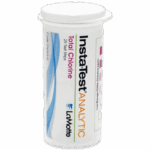 A white plastic container labeled Insta-Test Analytic Low Range Total Chlorine Test Strip - 2963LR, 25 Test Strips by LaMotte, with a color chart for test results visible on the side.