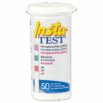Contenant blanc d’alcalinité monopersulfate Insta-TEST, bandes de test pH - 2982 pour la qualité de l’eau, montrant un texte sur la mesure du monopersulfate, de l’alcalinité et du pH, ainsi qu’un tableau colorimétrique et une étiquette indiquant 50 bandes de test à l’intérieur.