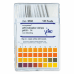 A box of Wide Range pH Test Strips - 3-2950 for testing, labeled pH 0-14, featuring a color chart from red to dark purple for easy reading, with 100 tests included in the package.