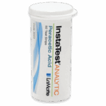 A white cylindrical container labeled Insta-Test Analytic Peracetic Acid 50 Test Strips - 3000 by LaMotte, with blue and orange text and a white cap, displayed on a plain background.