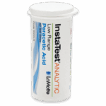 A white container labeled Insta-Test ANALYTIC holds 50 Low Range Peracetic Acid Test Strips-3000LR by LaMotte. The snap-on lid keeps the test strips secure and protected.
