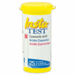 Un contenant à couvercle jaune marqué Insta-TEST Cyanuric Acid Test Strips - 3007, indiquant qu’il contient 25 bandes de test pour l’acide cyanurique en anglais, espagnol et français.