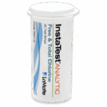 Un contenant cylindrique blanc portant l’étiquette Insta-Test Free et Total Chlorine Test Strips - 3027, 25 Test Strips, LaMotte, avec un bouchon blanc et des éléments de design bleus sur le côté.