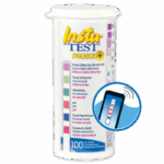 A white cylindrical container of Insta-TEST PRO 600 Plus - 3028-J pool test strips, featuring a color chart for water quality parameters like chlorine, alkalinity, pH, and hardness. An icon of a test strip appears at the bottom right.