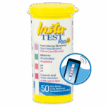 A yellow-lidded container of Insta-TEST Pool 4 Plus Test Strips - 3032 displays color indicators for free chlorine, alkalinity, pH, and cyanuric acid, with a graphic of a test strip and water on the right.