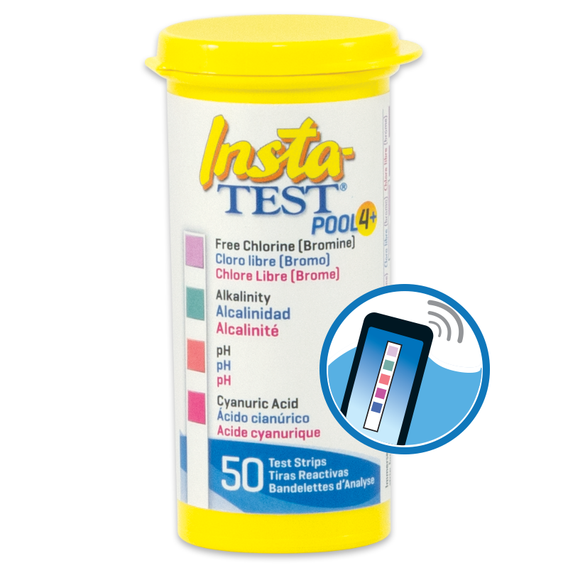 A yellow-lidded container of Insta-TEST Pool 4 Plus Test Strips - 3032 displays color indicators for free chlorine, alkalinity, pH, and cyanuric acid, with a graphic of a test strip and water on the right.