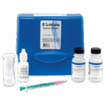 The Sodium Nitrite Test Kit - 3036-DR-02 includes a blue carrying case, clear test tube, dropper bottle labeled Ferrous Iron Indicator, two reagent bottles, and a syringe with a pink tip.