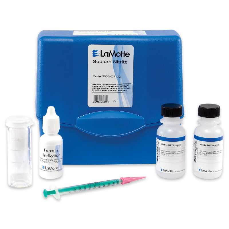 The Sodium Nitrite Test Kit - 3036-DR-02 includes a blue carrying case, clear test tube, dropper bottle labeled Ferrous Iron Indicator, two reagent bottles, and a syringe with a pink tip.