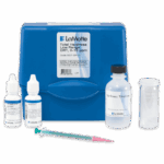 The Total Hardness Low Range Test Kit - 3037-DR-01 includes a blue plastic case, two small reagent bottles, a larger hardness titration bottle, a clear glass test tube, and a green plastic syringe with a pink tip.