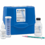A blue LaMotte QAC Test Kit - 3043-DR-01 box with a graduated cylinder, a small dropper bottle labeled “QAC Indicator Solution,” a larger bottle labeled “QAC Titration Solution,” and a green-tipped syringe.