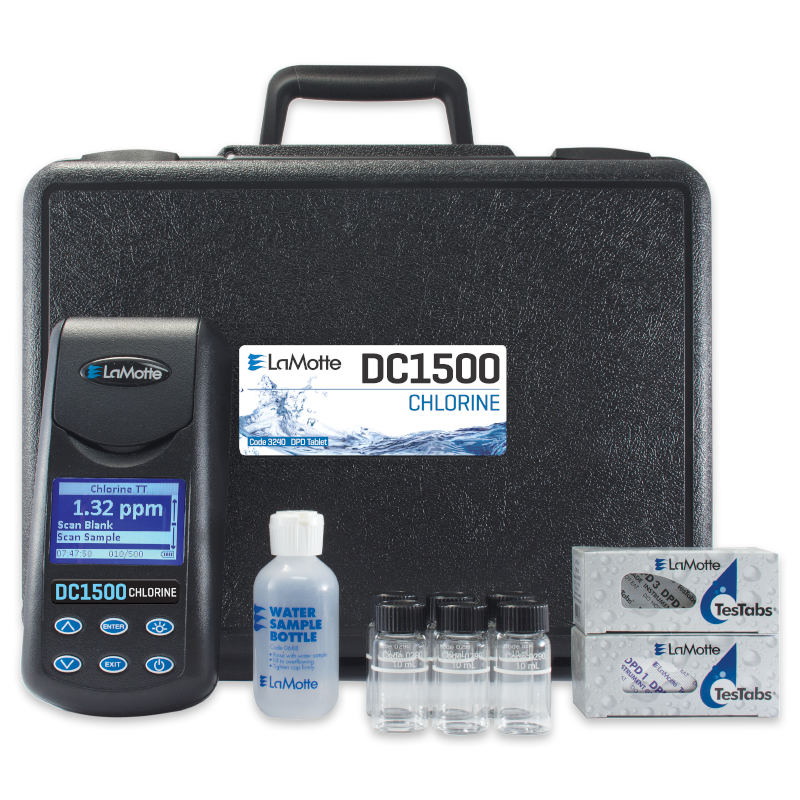 Black carrying case containing a Model DC1500 Chlorine Colorimeter Lab - 3240 kit with digital meter, water sample bottle, reagent tablets, four sample vials, and instruction card displayed in front.