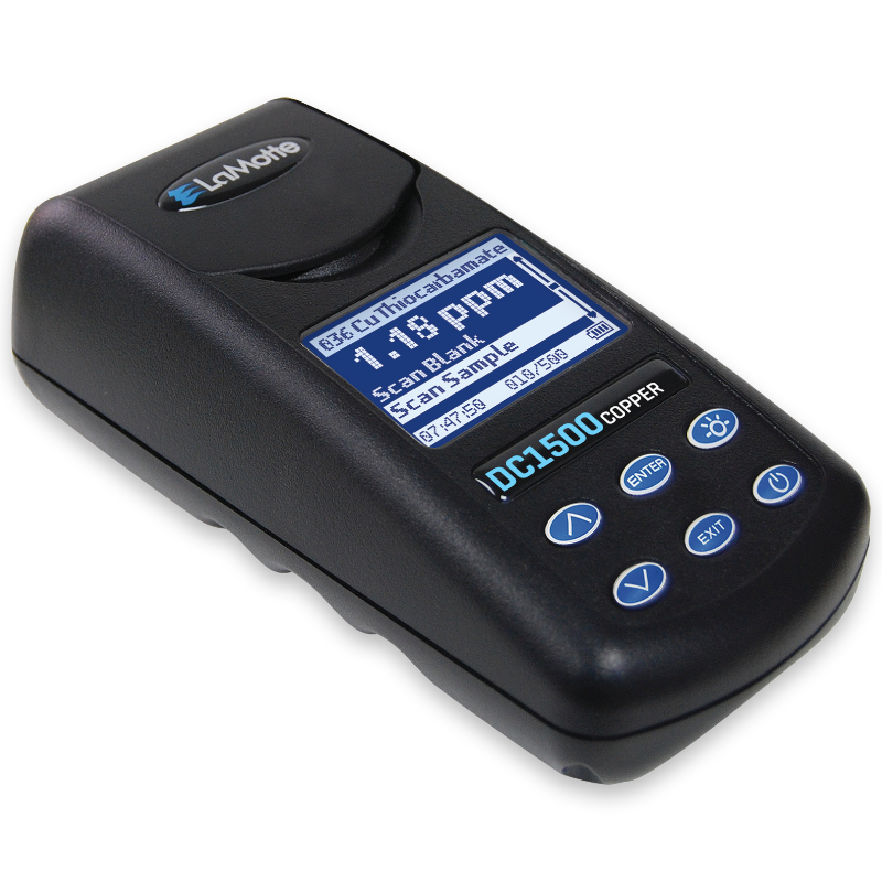 A black handheld digital water tester, Model DC1500 Copper Colorimeter Lab - 3245, with a display screen showing measurement readings, blue control buttons, and the brand LaMotte visible on the device.