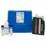 The Iron Test Kit - 3347-01 features a blue carrying case, test tubes, reagent bottles, dropper, and a color comparator for measuring iron levels from 0.5 to 10 ppm.