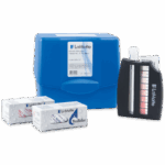 The Nitrate-Nitrogen Tablet Test Kit - 3354-01 includes a blue carrying case, two boxes of TesTabs reagent tablets, a color comparator block, and a test tube for reliable water quality testing.
