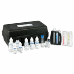 The Model AR-42 Drinking Water Test Kit - 3590-03 features a black plastic case, reagent bottles, sample vials, a color comparator block, and laminated charts for thorough water quality analysis.