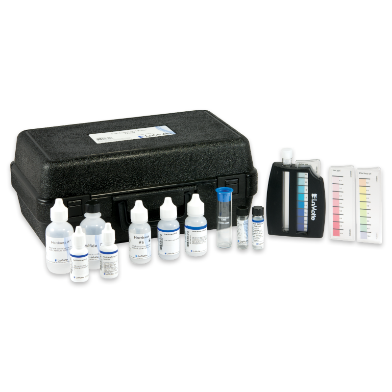 The Model AR-42 Drinking Water Test Kit - 3590-03 features a black plastic case, reagent bottles, sample vials, a color comparator block, and laminated charts for thorough water quality analysis.