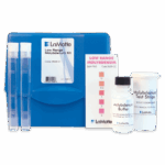 The Low Range Molybdenum Test Kit - 3628-01 features a blue case, two test tubes, a comparator card, molybdenum buffer, and test strips—all neatly arranged for convenient testing.