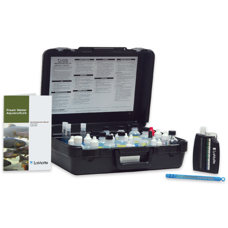 The Fresh Water Aquaculture Outfit Model AQ-2 - 3633-05 is a test kit in a black carrying case with reagent bottles, a test tube, a guide booklet, and a color comparator neatly arranged on a white surface.