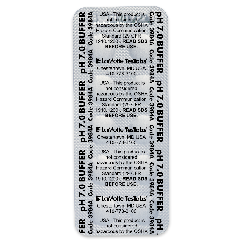 A foil packet labeled “pH 7.0 BUFFER” with product info for Buffer Tablets 3984, warnings, and LaMotte TestTabs contact details. Includes hazard communication and OSHA standards. Black text on a silver background.