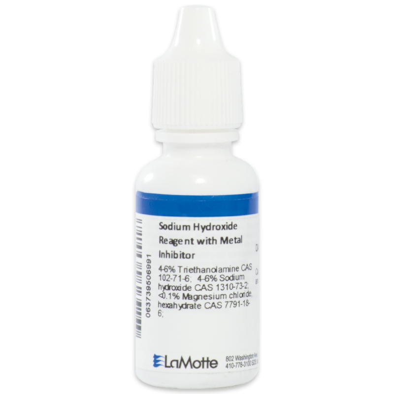 A small white plastic bottle with a blue and white label reading Sodium Hydroxide Reagent with Metal Inhibitor. The bottle has a dropper cap and lists chemical ingredients and the LaMotte company logo at the bottom.