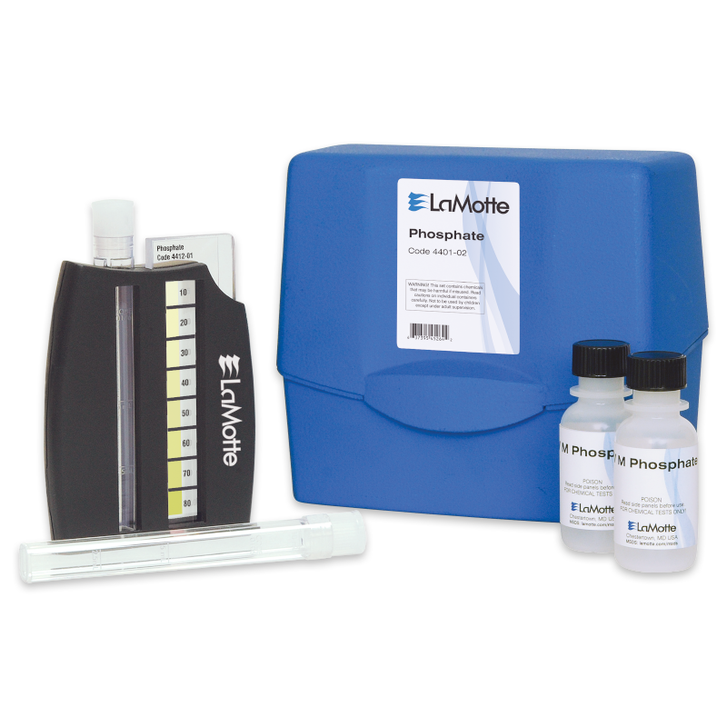 The Phosphate Test Kit - 4401-02 features a blue case, color comparator, test tube, and two bottles labeled Phosphate. The kit is neatly arranged on a white background for clear viewing.