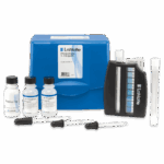 A LaMotte Phosphate Test Kit - 4408-01 with a blue carrying case, three reagent bottles, two droppers, a color comparator, and two clear sample tubes arranged on a white background.