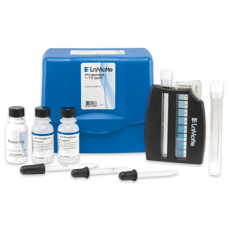 A LaMotte Phosphate Test Kit - 4408-01 with a blue carrying case, three reagent bottles, two droppers, a color comparator, and two clear sample tubes arranged on a white background.