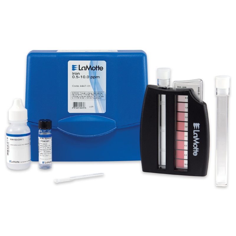LaMotte Iron Test Kit - 4447-01 features a blue plastic case, color comparator, reagent bottles, glass test tubes, and a plastic dropper for accurate measurement of iron levels in water.