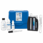 A LaMotte Sulfide Test Kit - 4456-01 with a blue case, labeled testing solutions, dropper, color comparator, and glass test tubes is neatly arranged on a white background.