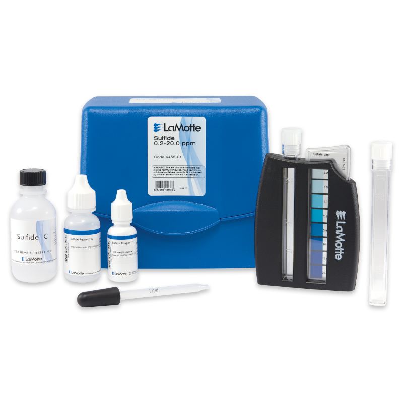 A LaMotte Sulfide Test Kit - 4456-01 with a blue case, labeled testing solutions, dropper, color comparator, and glass test tubes is neatly arranged on a white background.