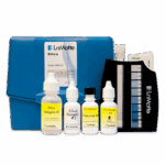 The Silica Test Kit - 4463-01 features a blue carrying case, four reagent bottles, a color comparator, and instruction cards displayed in front of the case for easy silica testing.