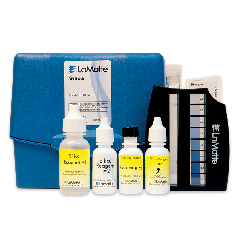 The Silica Test Kit - 4463-01 features a blue carrying case, four reagent bottles, a color comparator, and instruction cards displayed in front of the case for easy silica testing.