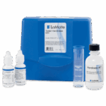 A LaMotte Total Hardness Test Kit - 4482-DR-LI-01 with a blue carrying case, two small reagent bottles, a clear hardness tube, and a larger bottle labeled Hardness #7, all neatly arranged in front of the case.