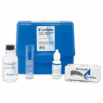 The LaMotte Total Hardness Test Kit - 4482-DR-LT-02 includes a blue carrying case, reagent bottles, measuring tube, and TesTabs tablets—everything needed for accurate water hardness testing.